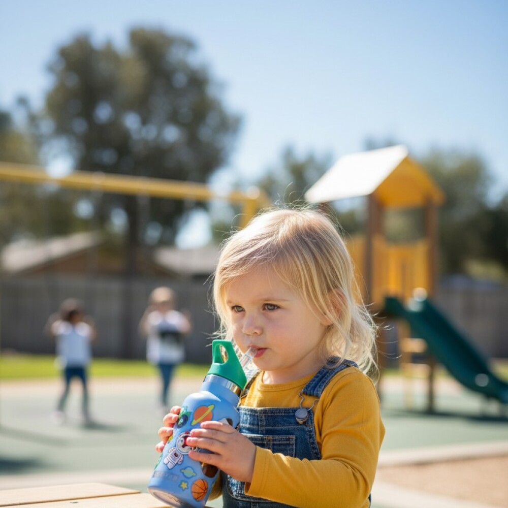 Botella acero inoxidable con sorbito y stickers skip hop celeste