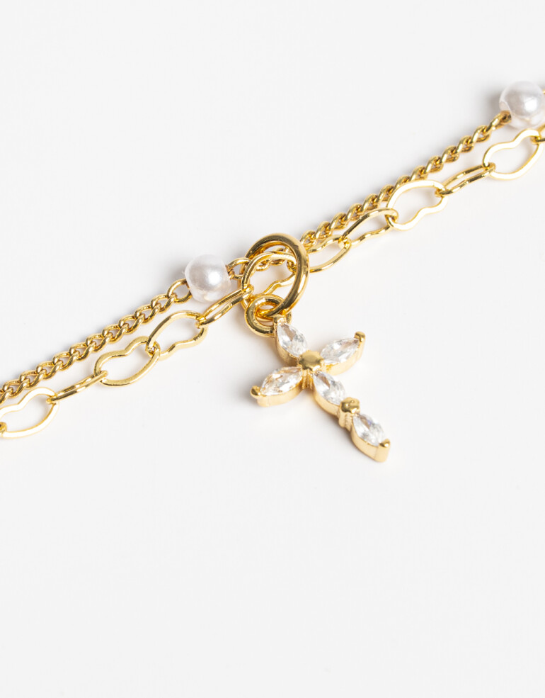Pulseras Flexibles Cubic zirconia Pulsera Flexible Con Cruz Y Beads Multicolor. - Dorado