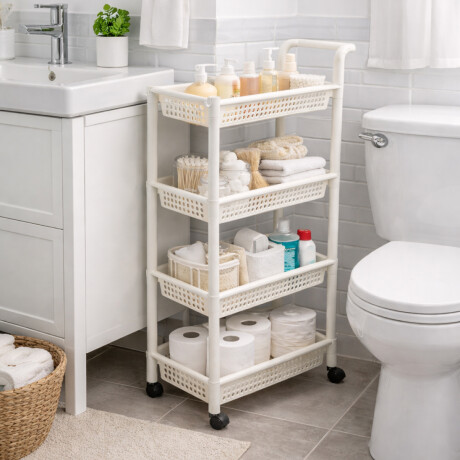 Carro organizador plástico blanco de 4 niveles con ruedas – 43x21x99cm Blanco