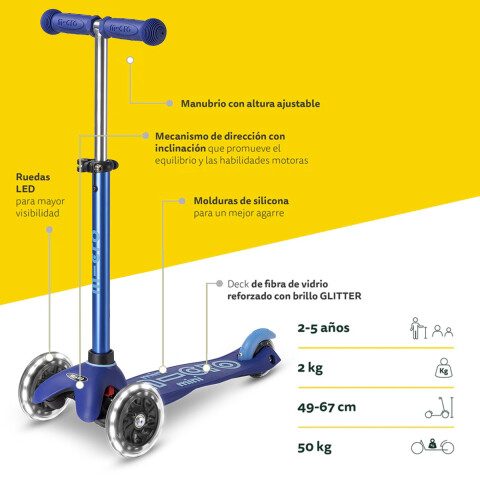 Monopatín Micro Mini Deluxe LED Ajustable con 3 Ruedas AZUL