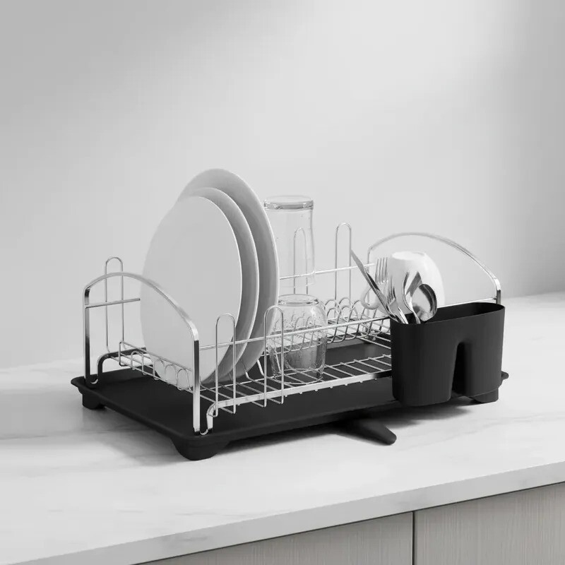 Escurreplatos cromado con bandeja negra con desagüe Escurreplatos cromado con bandeja negra con desagüe