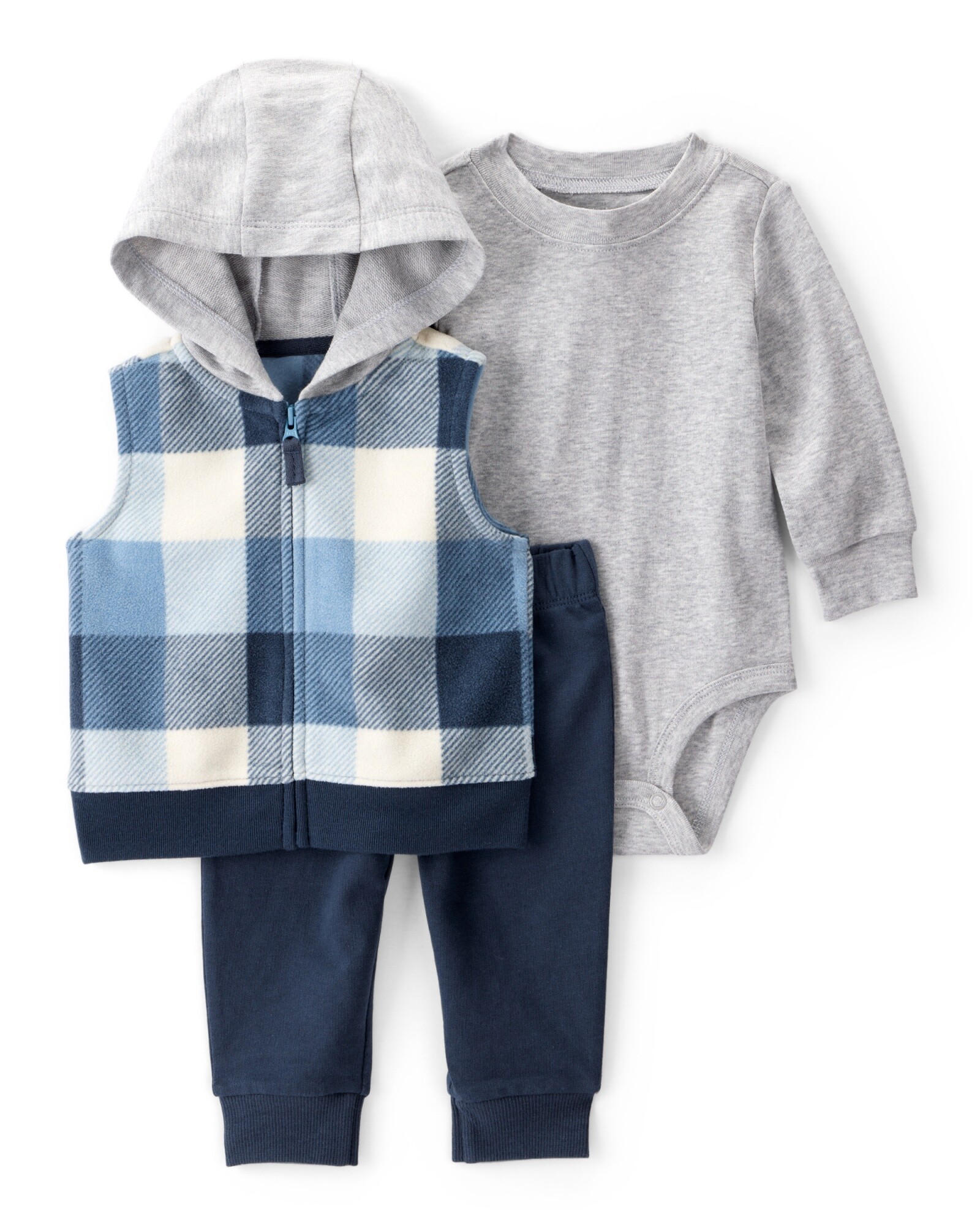 Set tres piezas, chaleco de franela, pantalón y body de algodón Sin color