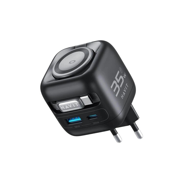 Cargador Havit UC250 GaN 35 W con Cable USB-C Retráctil y Cargador para Reloj Cargador Havit UC250 GaN 35 W con Cable USB-C Retráctil y Cargador para Reloj