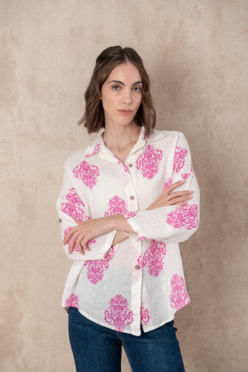 Camisa lino dama estampada Rosa