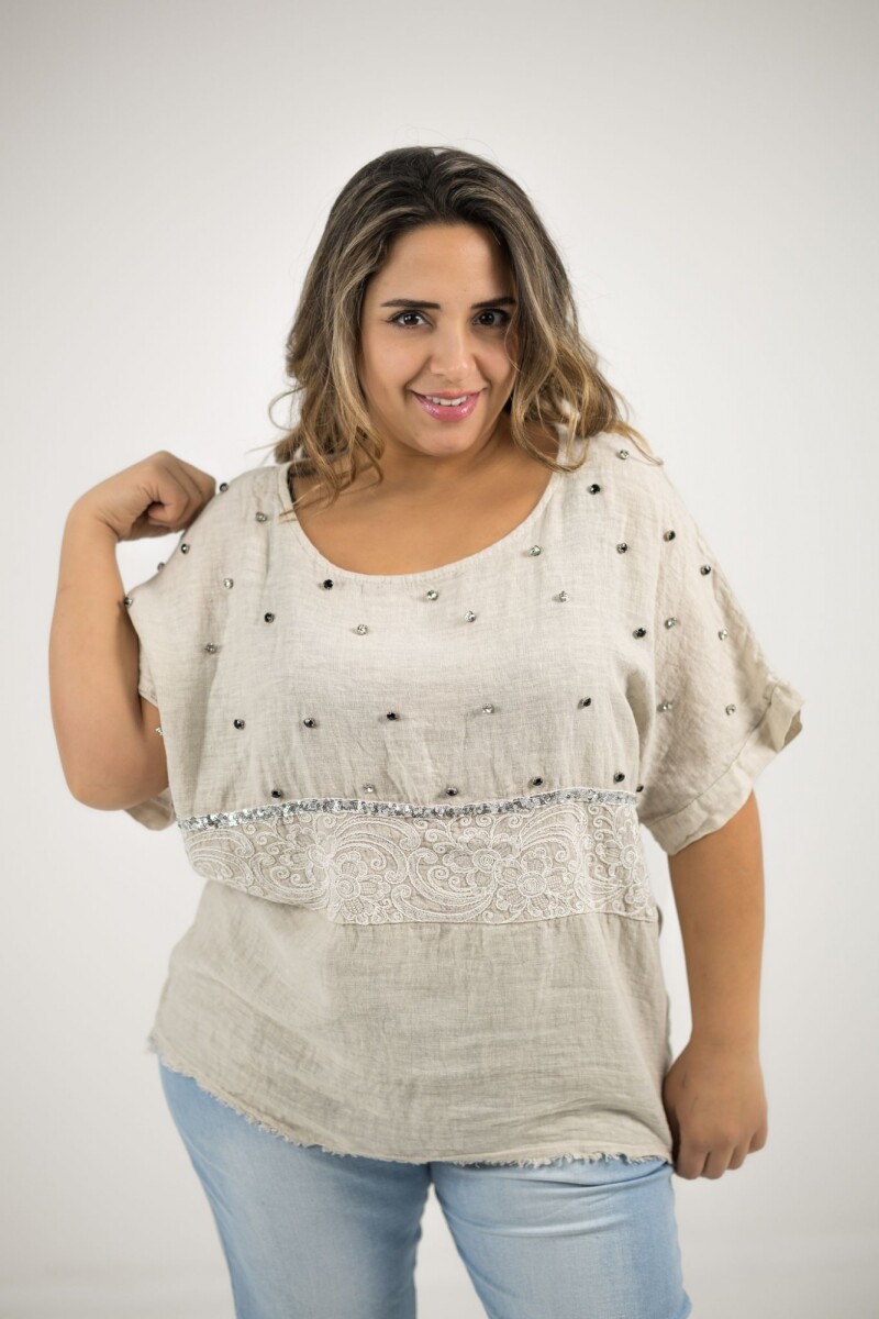 Blusa 100% lino Con strass bordado y lentejuelas - Beige 