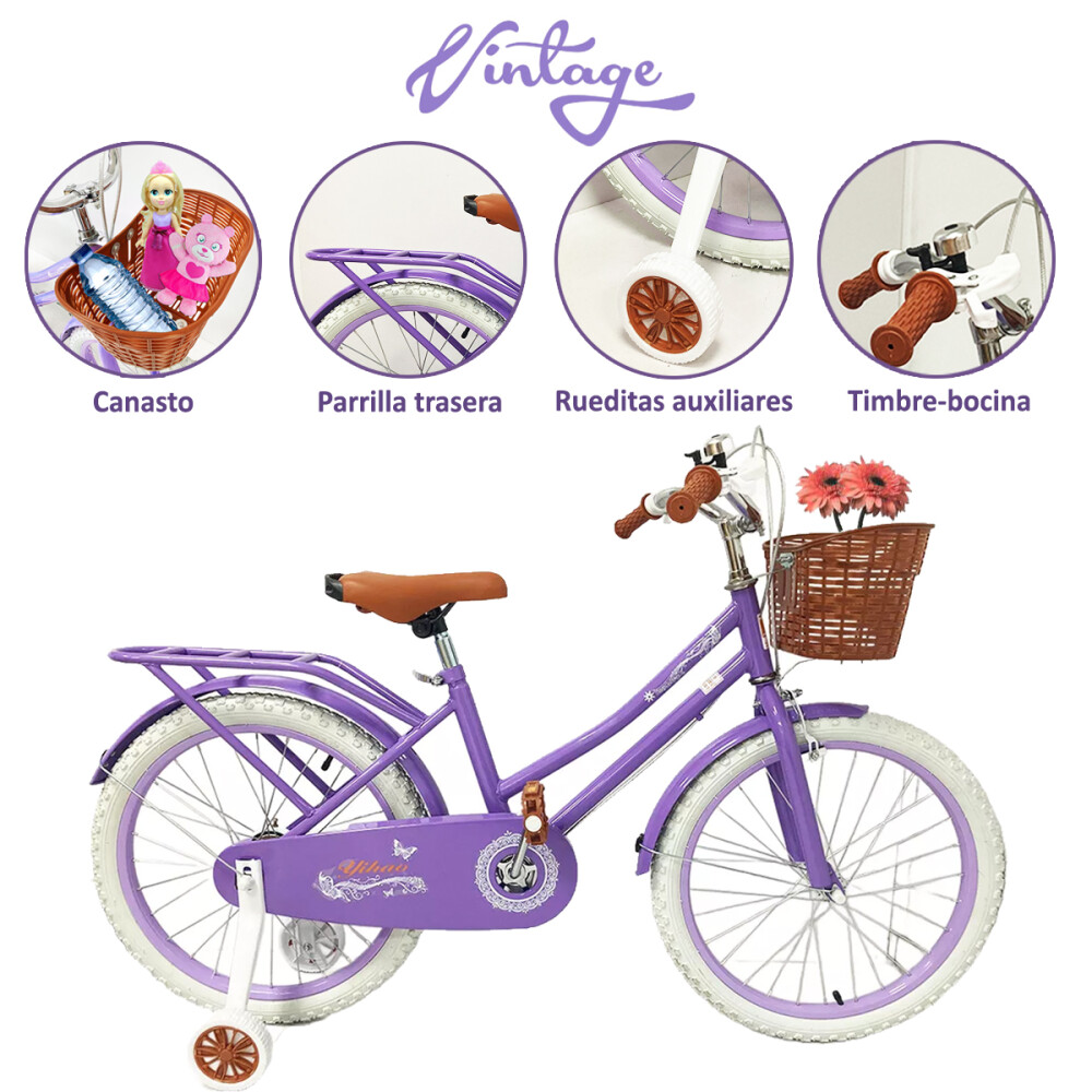 Bicicleta Infantil Rodado 20 Con Rueditas Auxiliares y Canasto Violeta