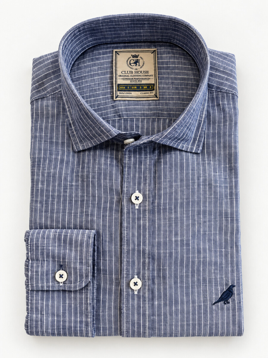 Camisa Lino Short Collar - Rayas Azul Noche 
