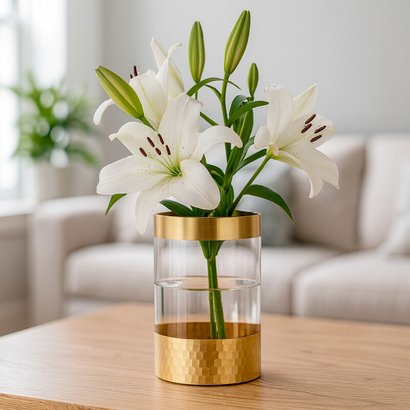 FLORERO VIDRIO TRANS. D12.5x19.5CM DORADO FLORERO VIDRIO TRANS. D12.5x19.5CM DORADO