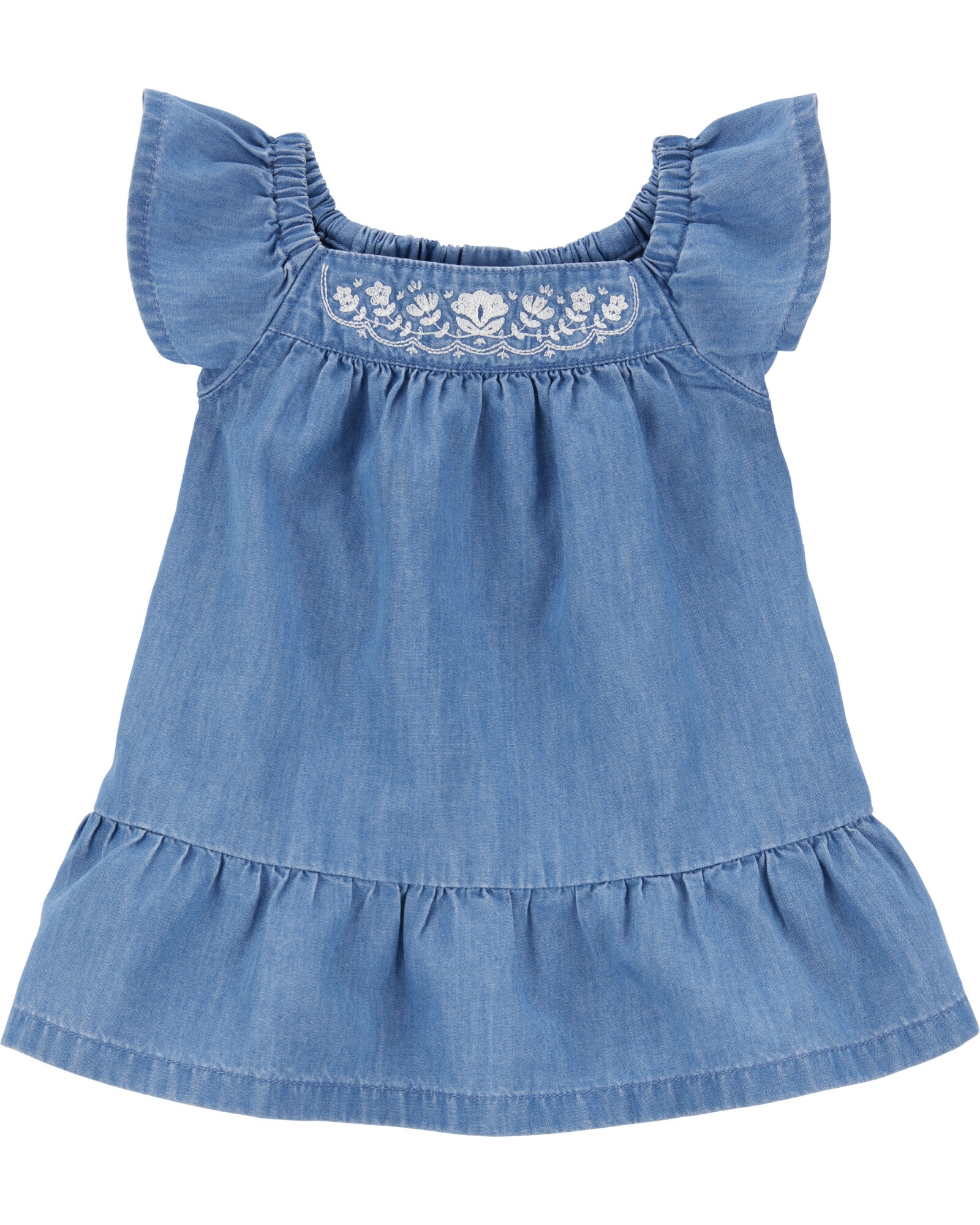 Vestido de chambray, con bordado floral. Talles 6-24M Sin color