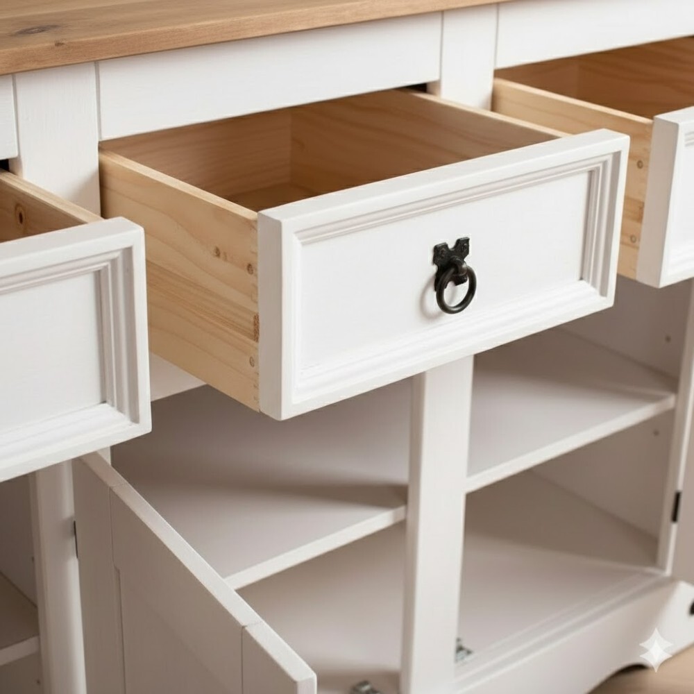 APARADOR BUFFET DE 3 PUERTAS 3 CAJONES MADERA MACIZA LÍNEA MEXICANA BLANCO