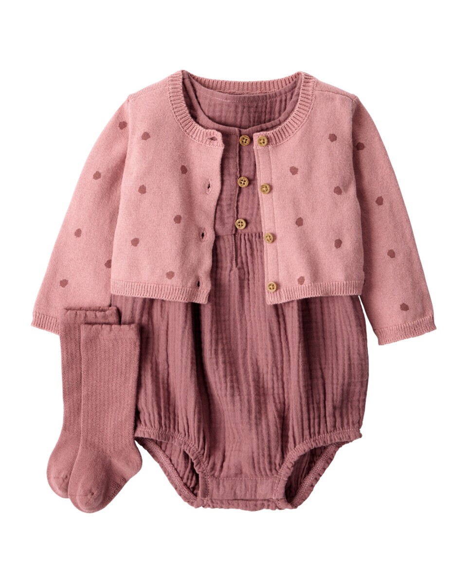 Set tres piezas de algodón, body bombachudo, saco y medias 