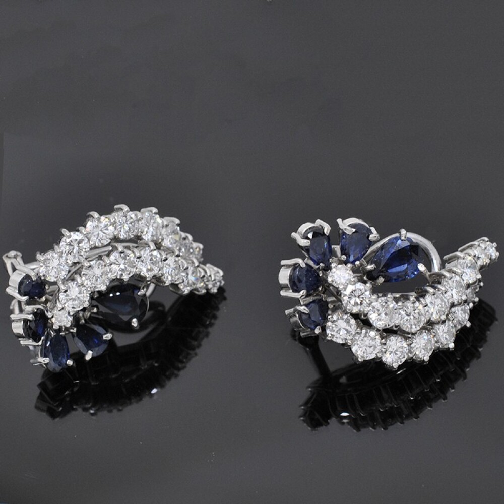Caravanas En Oro 18K Blanco, Brillantes Y Zafiros Caravanas En Oro 18K Blanco, Brillantes Y Zafiros