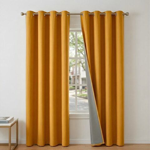 Cortina Blackout 100% Engomada Termica Set 2 Paños Tipo Lino Color Amarillo