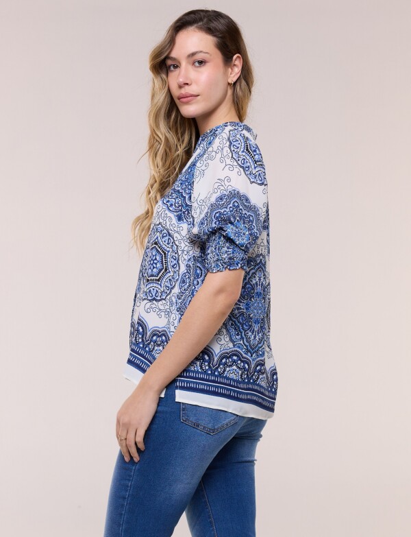 Blusa Crepé Con Mangas Abullonadas BLANCO/AZUL