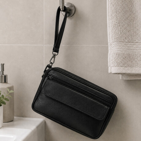 Neceser con bolsillo exterior y asa de cuero 23x14x4cm Negro