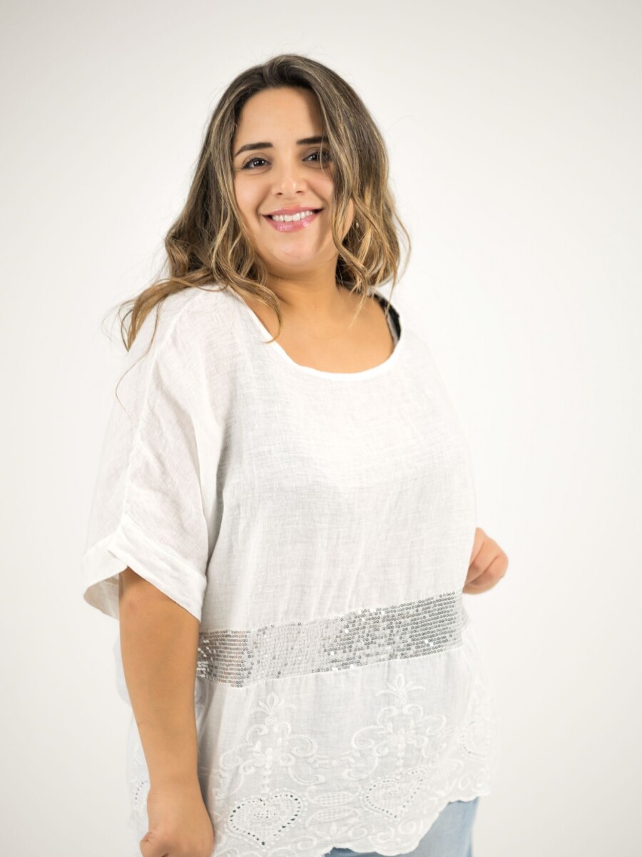 Blusa 100% lino con broderie y lentejuela Blanca