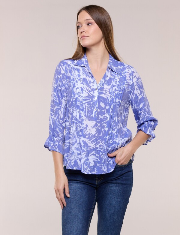 Blusa Estampada Pincelada Con Alforzas AZUL
