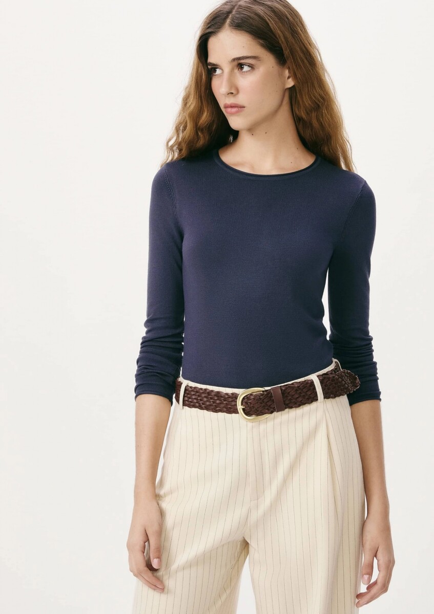 BLUSA DE MANGA LARGA AJUSTADA EN TEJIDO DE PUNTO LIGERO - AZUL 