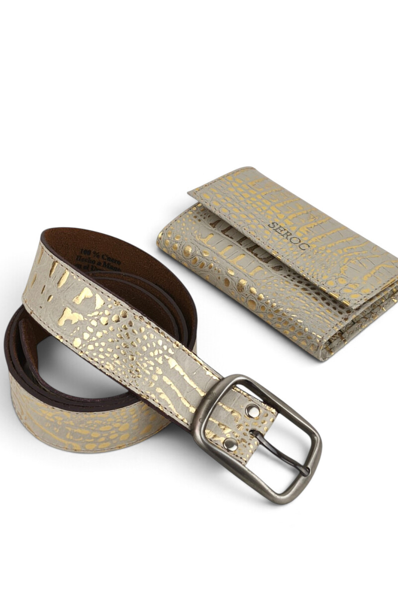 Set de Cinto y Billetera de Cuero Genuino Croco beige y dorado