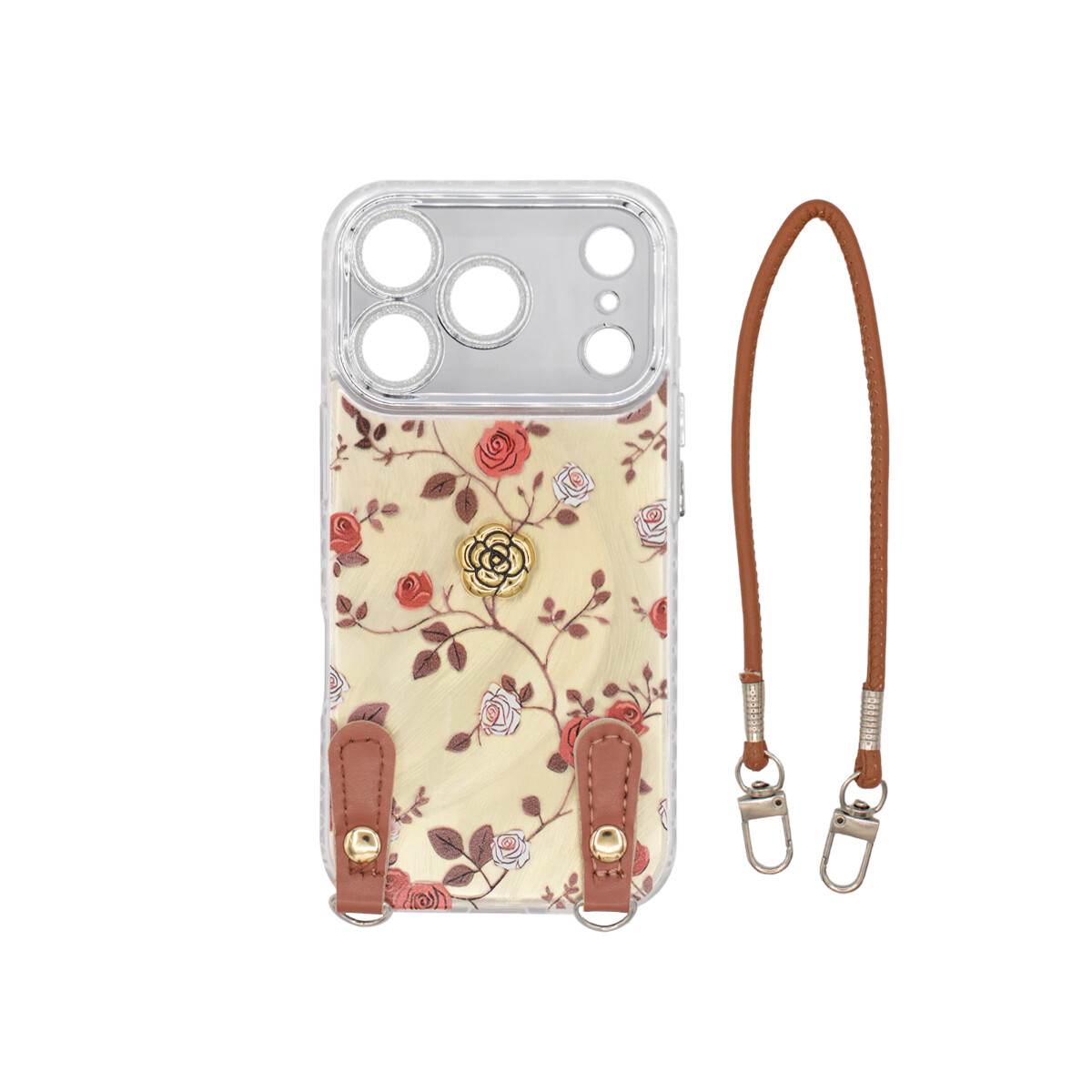 Protector para iPhone 17 Pro diseño flores con correa 