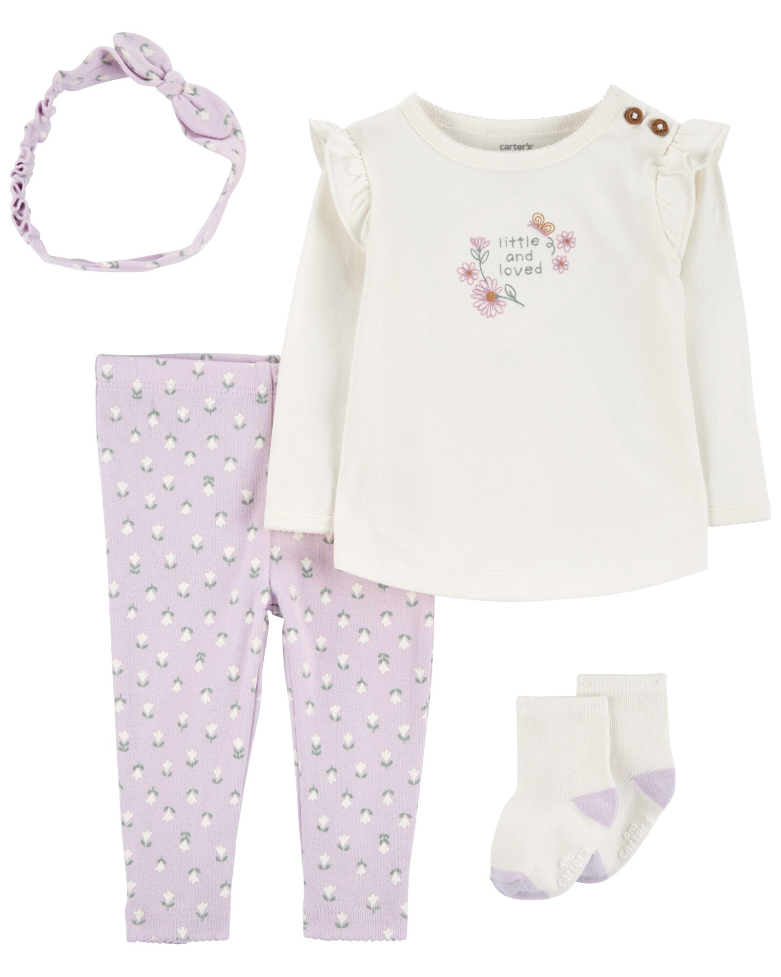 Set cuatro piezas de algodón, pantalón, remera, medias y vincha, diseño floral Set cuatro piezas de algodón, pantalón, remera, medias y vincha, diseño floral