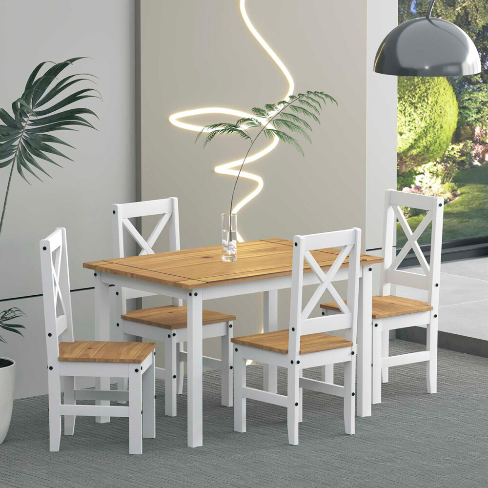 JUEGO DE COMEDOR + 4 SILLAS COLOR BLANCO/NATURAL Juego De Comedor + 4 Sillas Color Blanco/natural