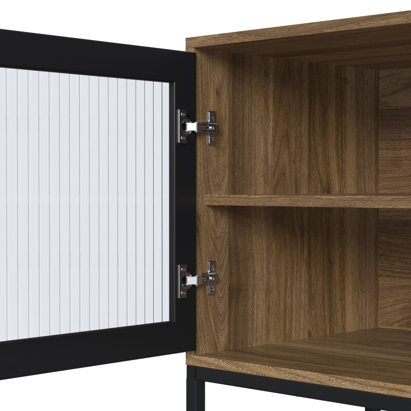 Rack con estantes y puertas de vidrio C/ marco negro color Noce Oro Rack con estantes y puertas de vidrio C/ marco negro color Noce Oro