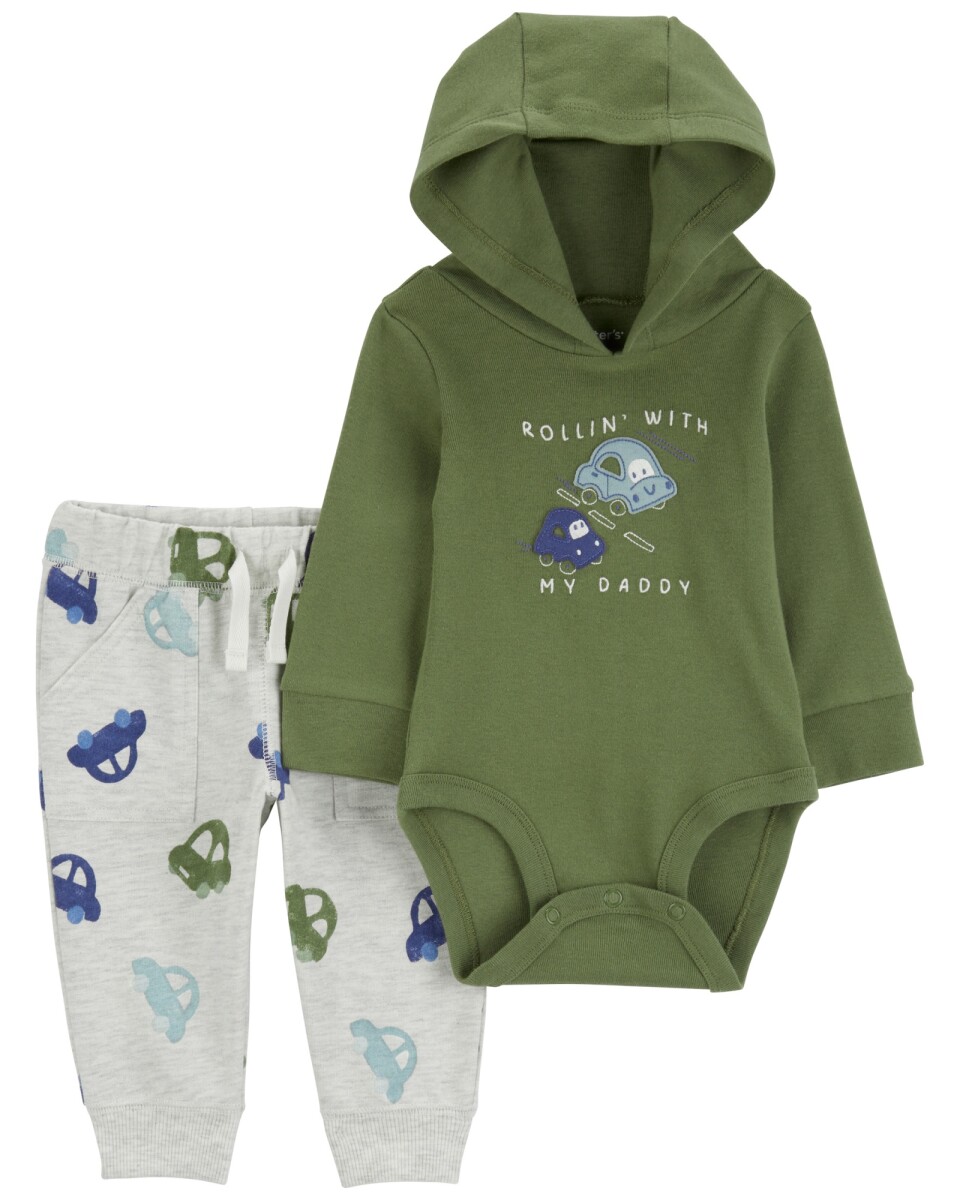 Set dos piezas de algodón, pantalón y body con capucha, diseño autos 