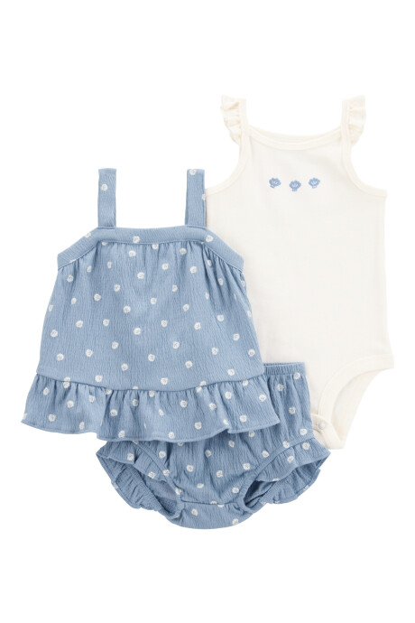 Set tres piezas, short y musculosa de jersey arrugado, más body de algodón Set tres piezas, short y musculosa de jersey arrugado, más body de algodón