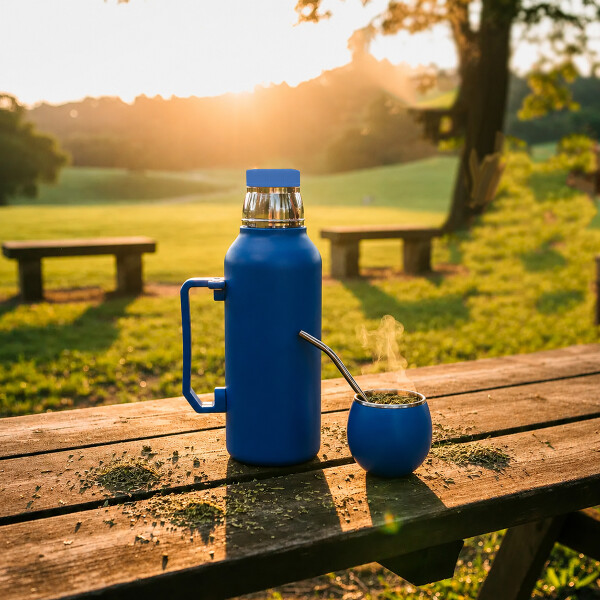 Set De Termo + Mate + Bombilla 1 Litro Acero Azul