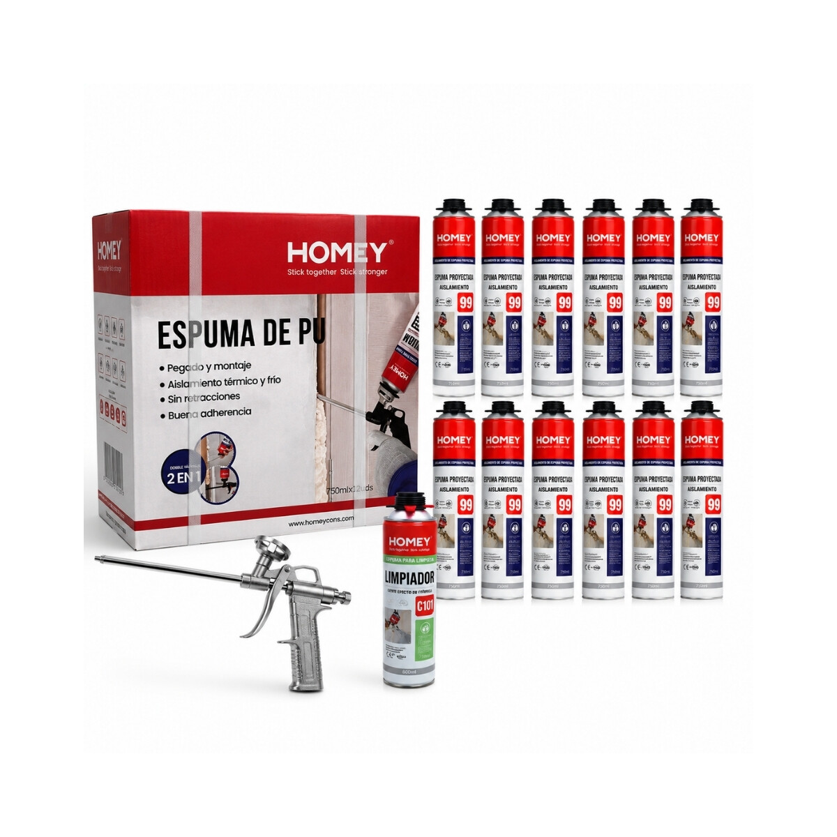 KIT 12 ESPUMAS PROYECTABLE HOMEY + LIMPIADOR HOMEY + PISTOLA Kit 12 Espumas Proyectable Homey + Limpiador Homey + Pistola