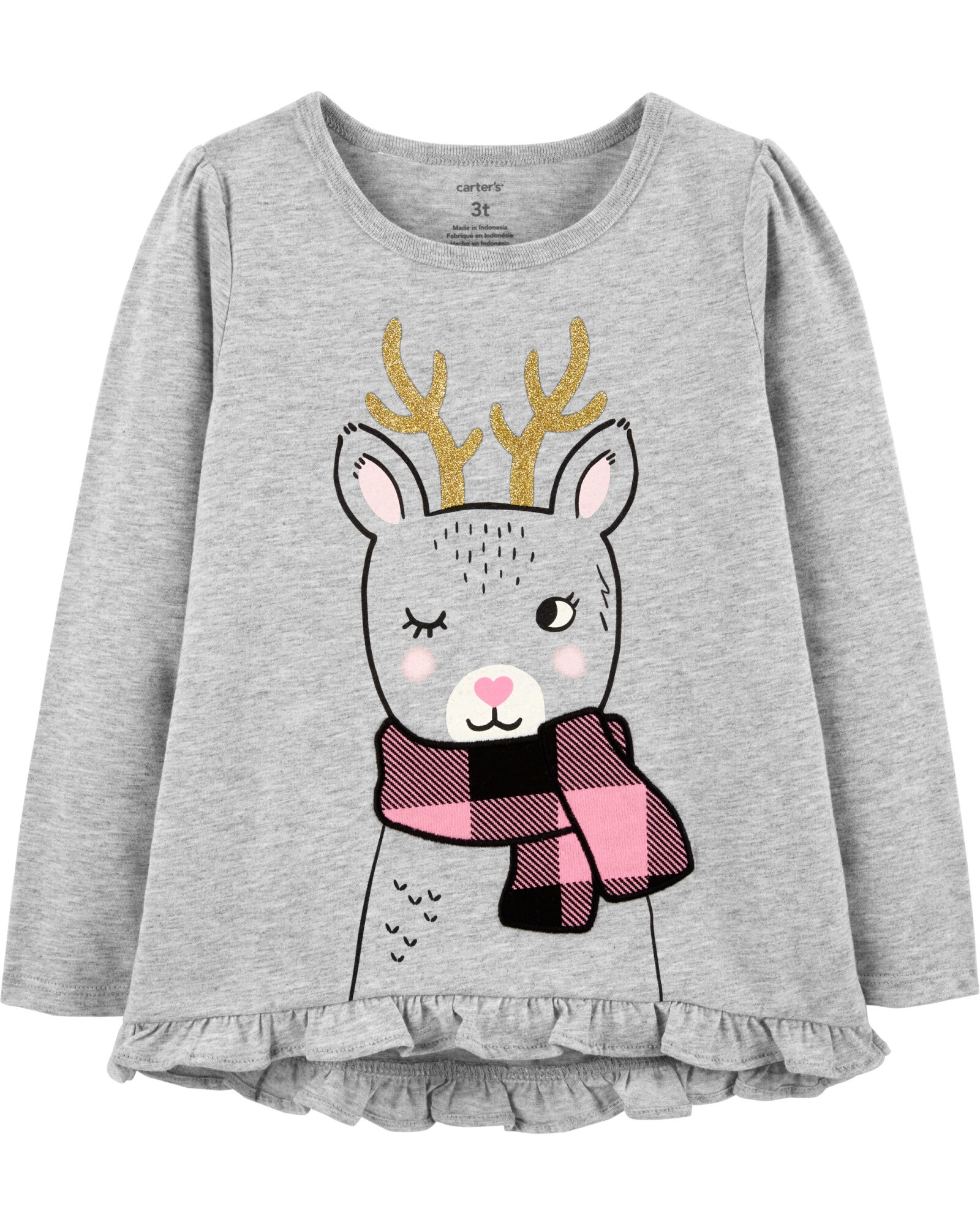 Remera de algodón, manga larga, estampa reno Sin color