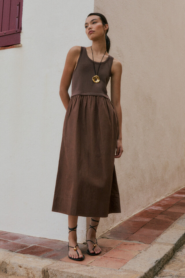 Vestido combinado con bolsillos chocolate
