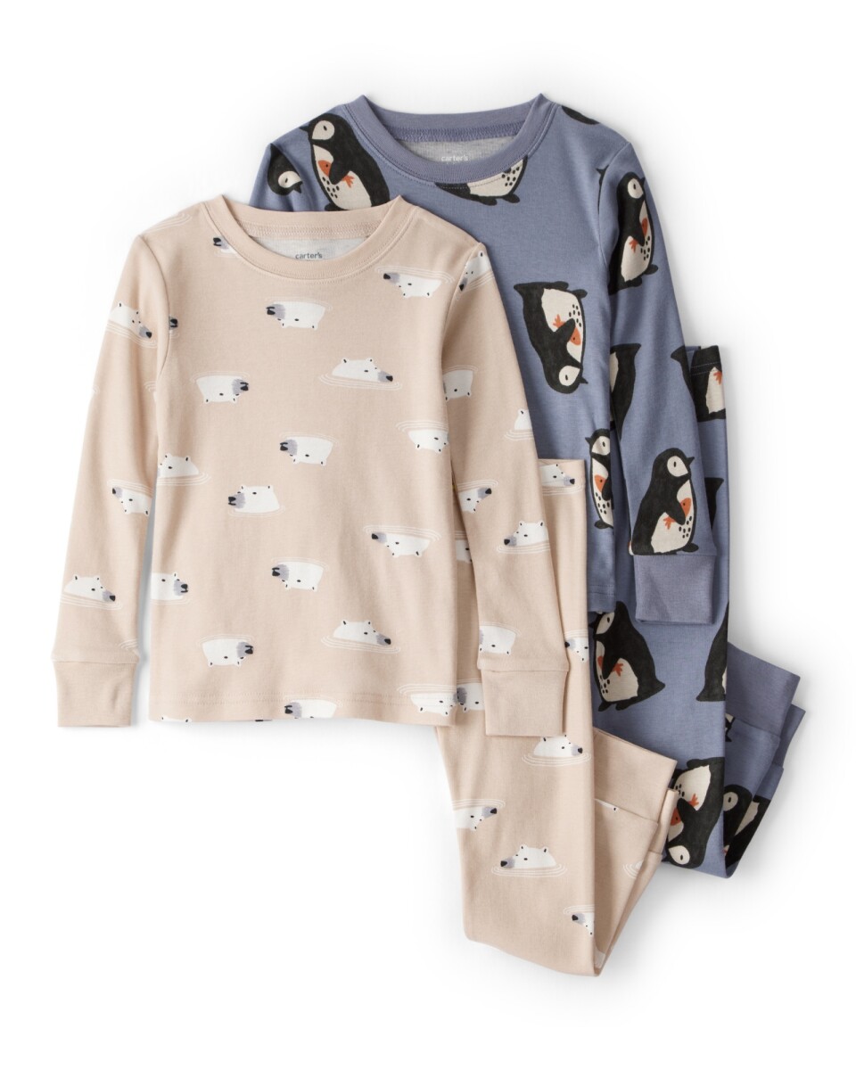Pijama cuatro piezas de algodón, dos remeras y dos pantalones, diseño pingüinos y osos 