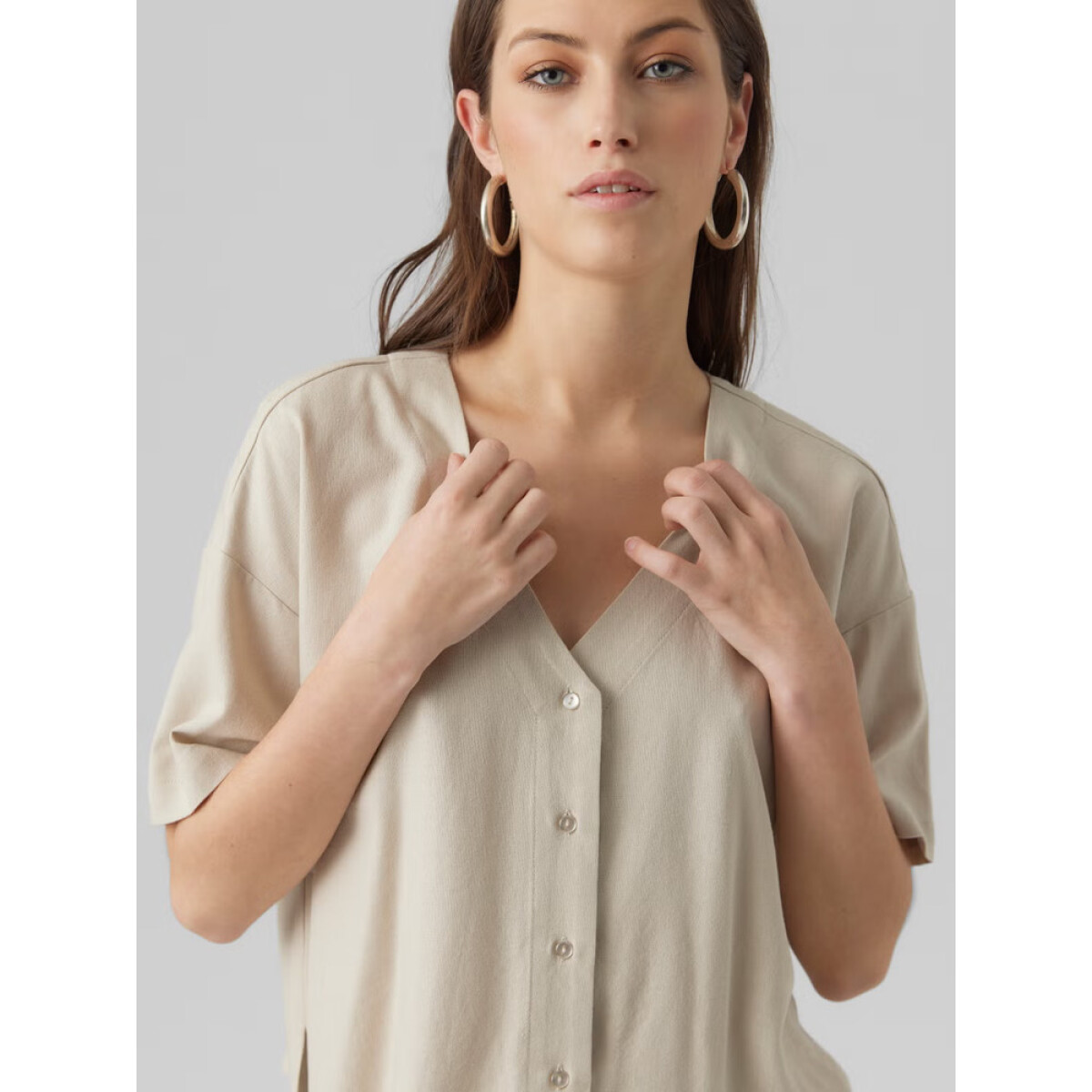 VMMYMILO 2/4 V-NECK SHIRT WVN NOOS - Silver Lining 