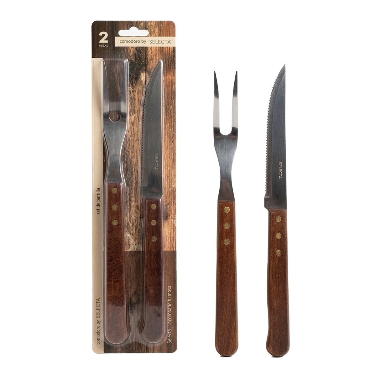 SET X2 PZAS ASADOR TENEDOR/CUCHILLO MANG.MADERA. 38CM 