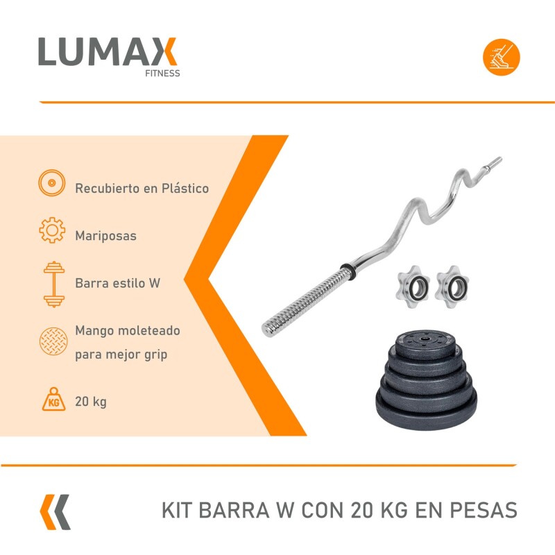 Kit Barra W Maciza Cromada 1.2m + 20 Kilos Pesas 2x5Kg 4x2.5Kg
