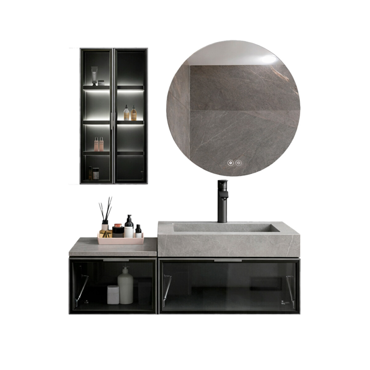 Conjunto De Baño Habitare Modelo Sy1086-100 / Mueble + Bacha + Espejo Circular C/ Luz Led - 100 Cm 