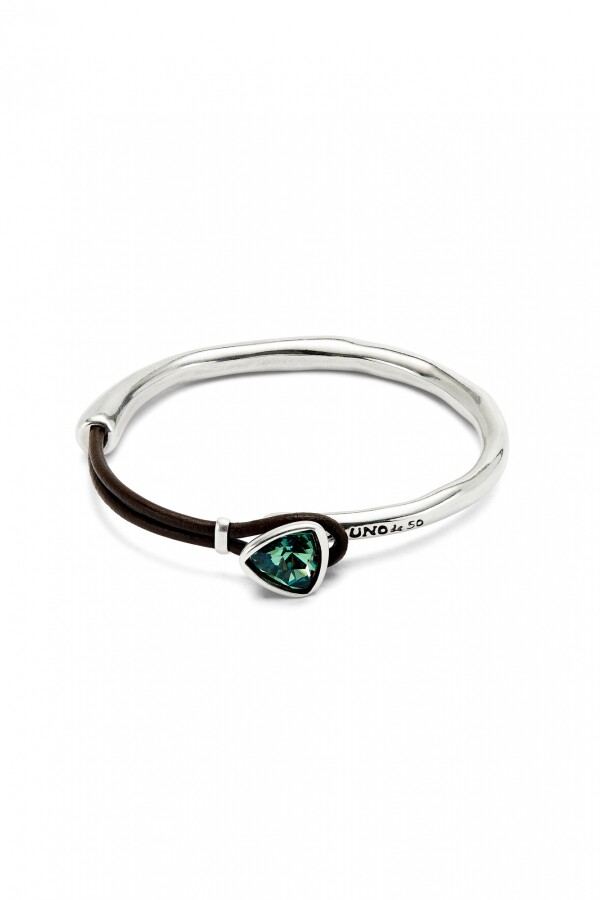PULSERA FINA CON ALEACIÓN DE METALES BAÑADA EN PLATA DE LEY CON CUERO Y CRISTAL FACETADO VERDE Pulsera