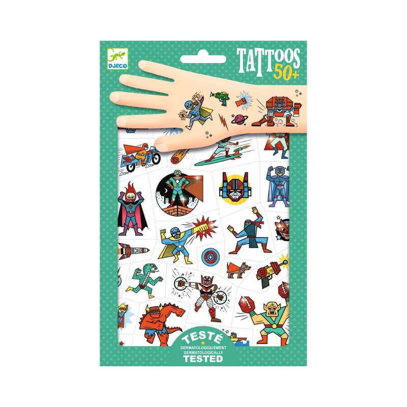 Set x50 Tatuajes removibles para niños Héroes y enemigos