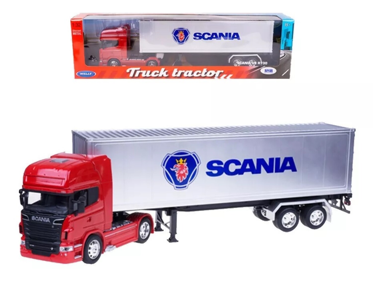 Welly 1:32 Trailer Scania V8 R730 Rojo Remolque Contenedor 
