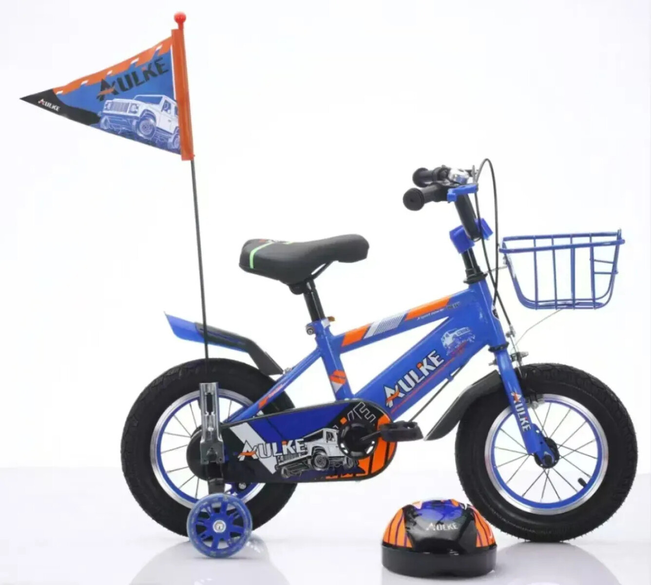 Bicicleta rodado 16 con rueditas, canasto, casco y banderita - Azul 