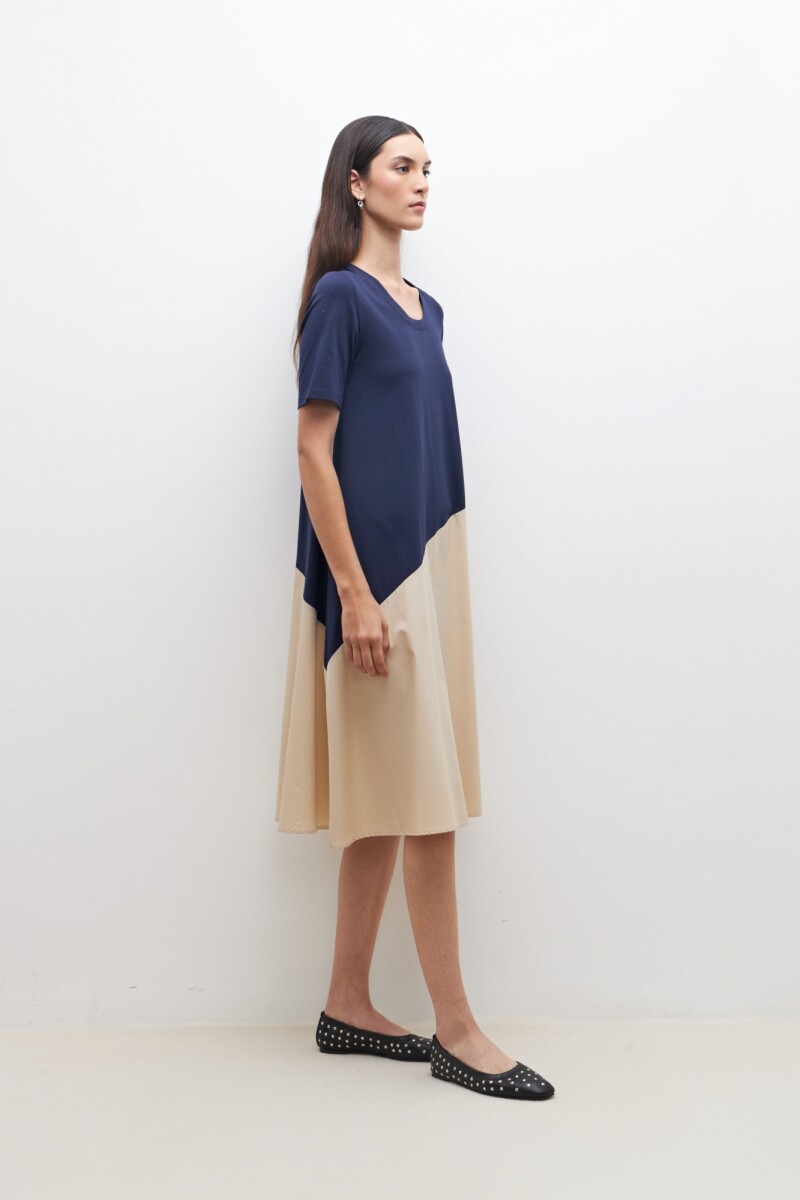 Vestido color block manga corta azul marino