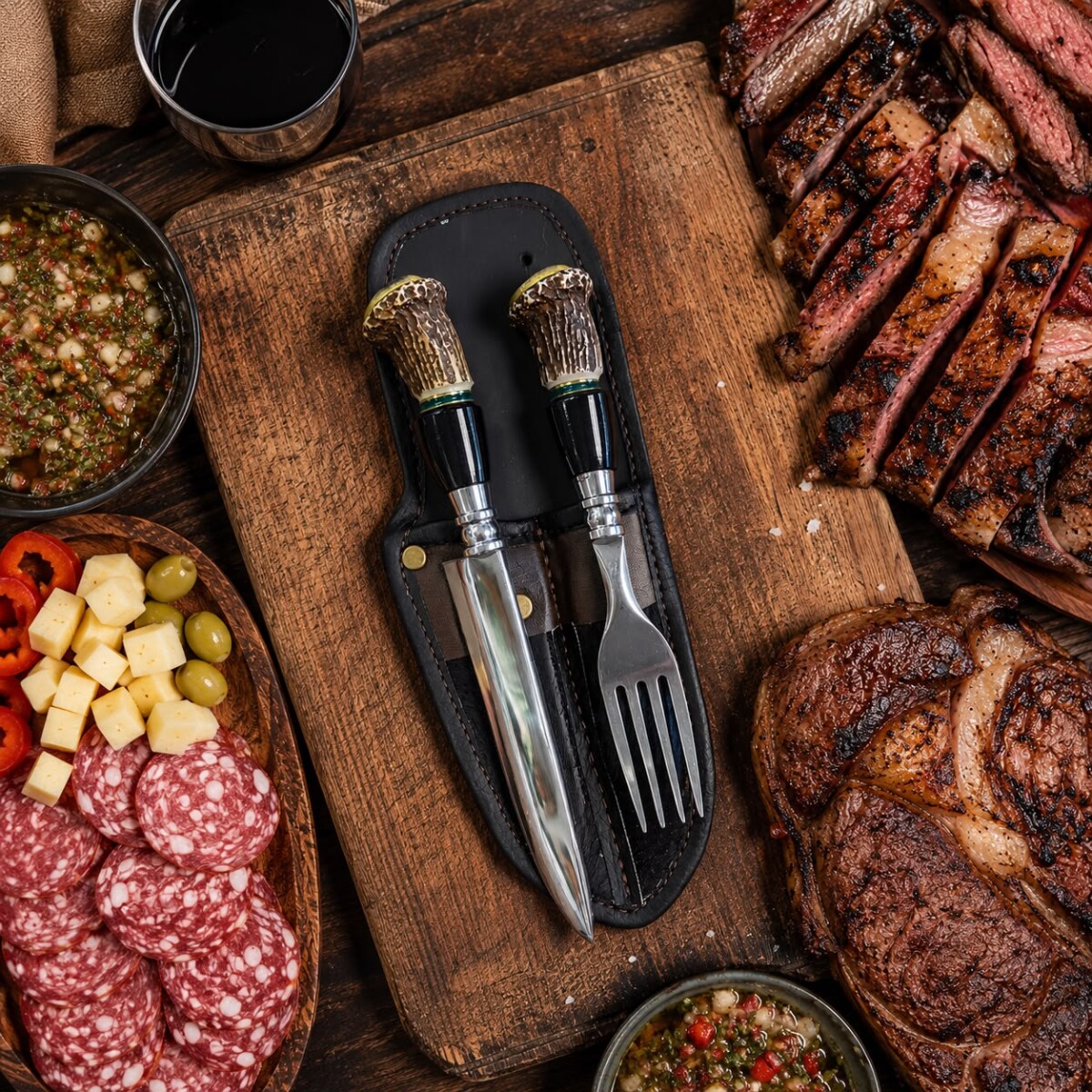 et de Asado Artesanal - Cuchillo y Tenedor Parrillero Simil Ciervo y Guampa 