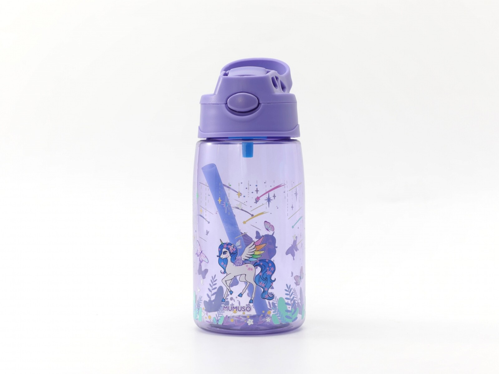 BOTELLA DE AGUA DE PLÁSTICO CON TAPA ABATIBLE Y PAJITA (UNICORNIO DE ENSUEÑO/480 