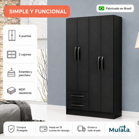 Ropero Negro 4 puertas 2 cajones con estantes y perchero 172x90x35 cm Interior Natural Ropero Negro 4 puertas 2 cajones con estantes y perchero 172x90x35 cm Interior Natural