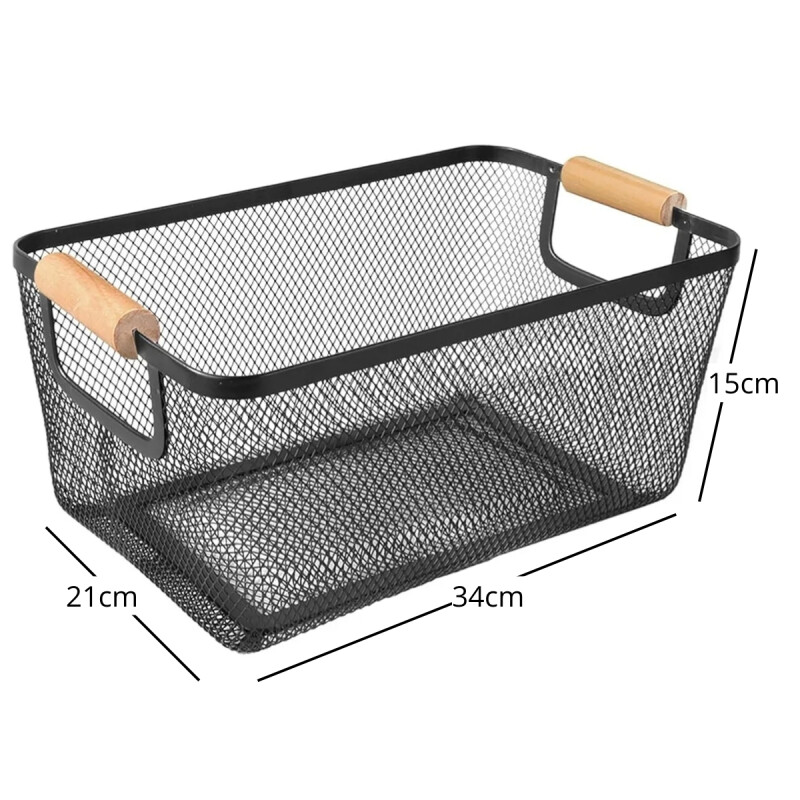 Cesto organizador metal con asa de madera NEGRO