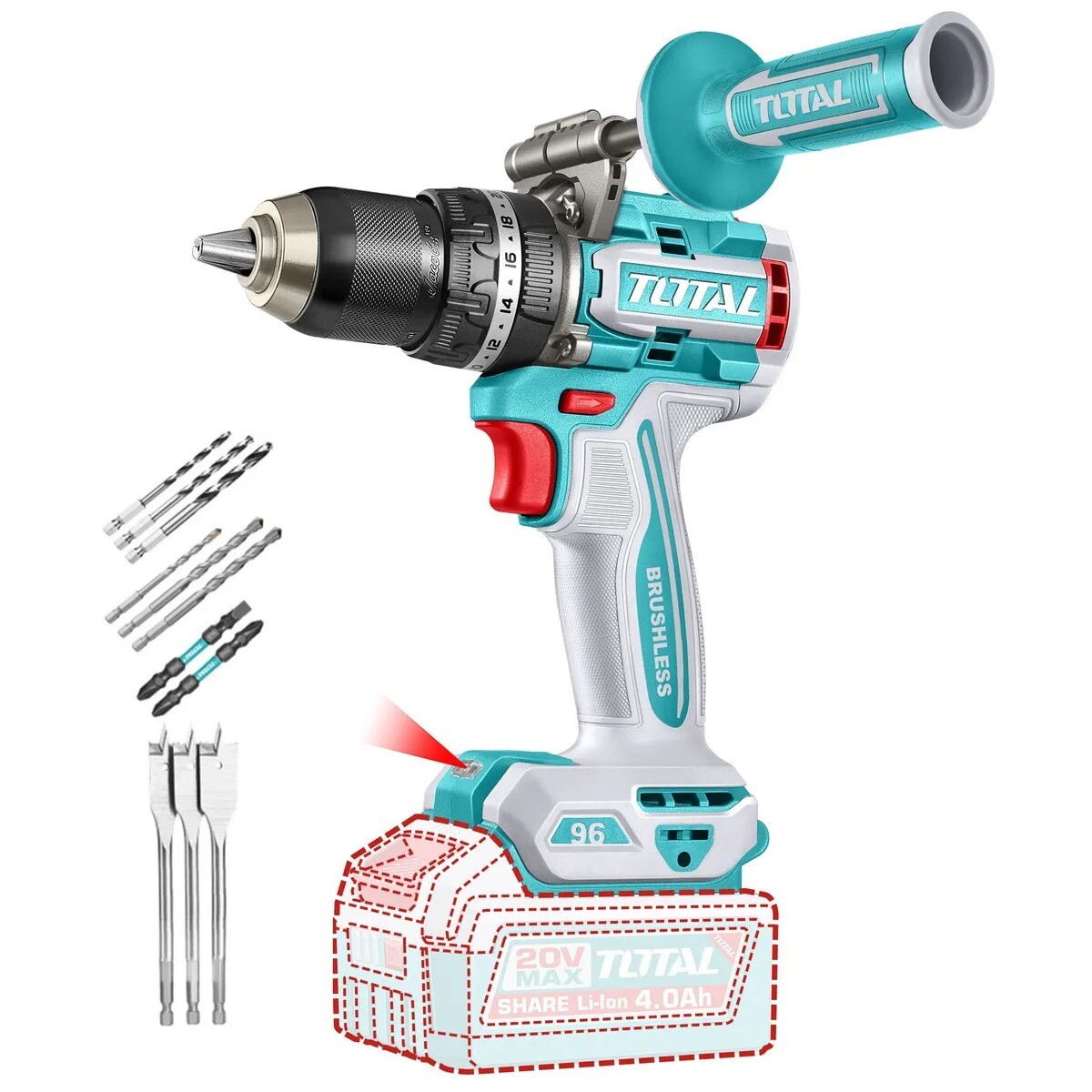 Taladro Percutor Y Atornillador Inalámbrico Total 20v, Industrial, Motor Sin Carbones con Accesorios 