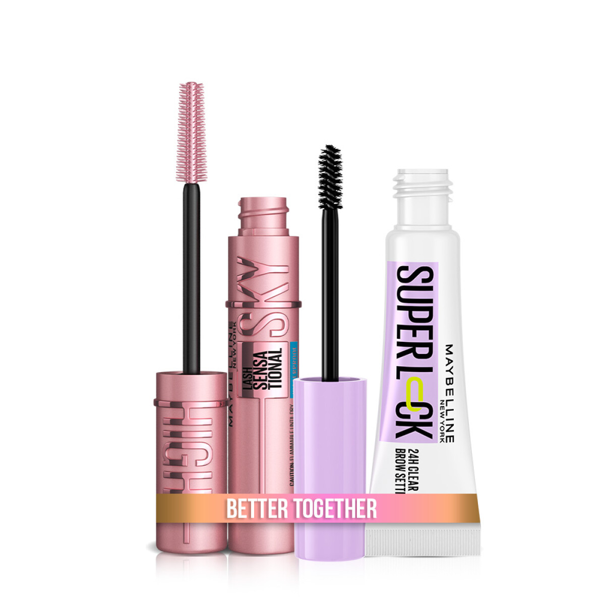 Pack Maybelline New York - Máscara De Pestañas Sky High + Gel De Cejas SuperLock Glue Clear 