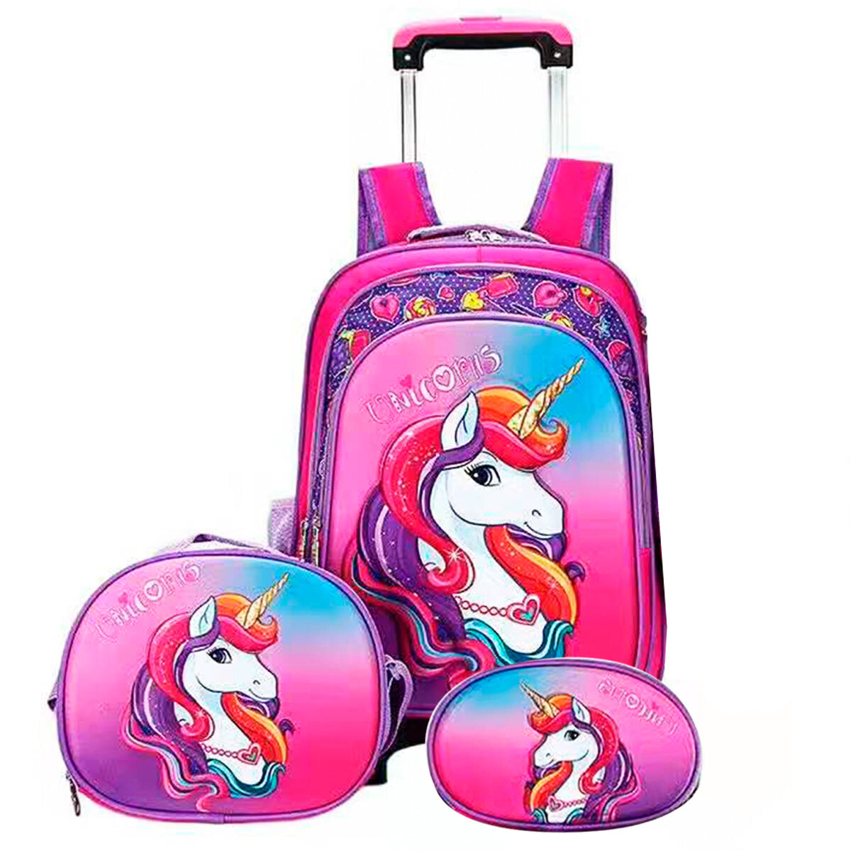 Set X3 Mochila C/ Carro + Bolso + Cartuchera P Niña - Rosa Chicle 